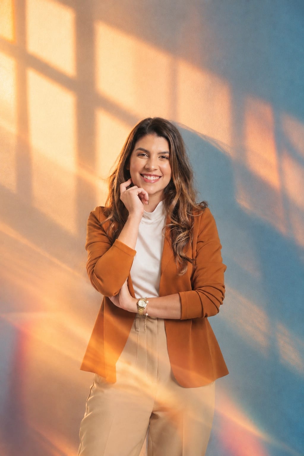 Natalie Cavalcante sorrindo, de blazer terracota, na luz quente de uma janela.